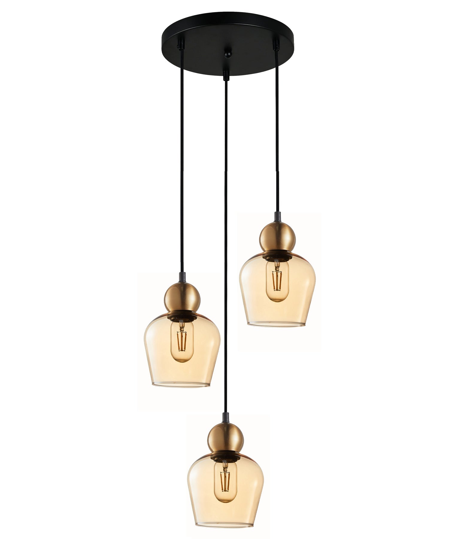 CHAMPAN: Interior Bronze Amber / Smokey Black Glass Ellipse Multiple Round Base Pendant Lights