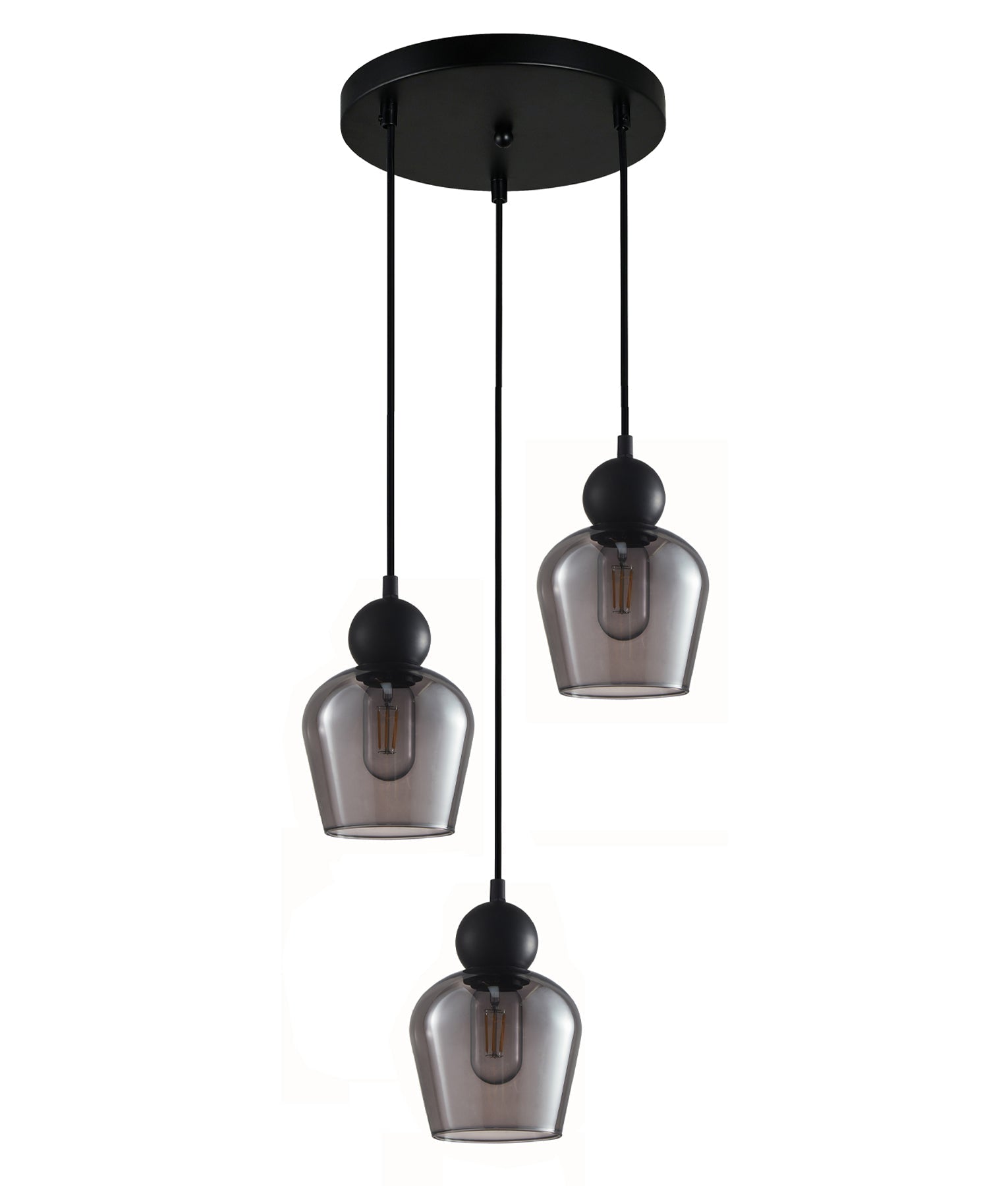 CHAMPAN: Interior Bronze Amber / Smokey Black Glass Ellipse Multiple Round Base Pendant Lights