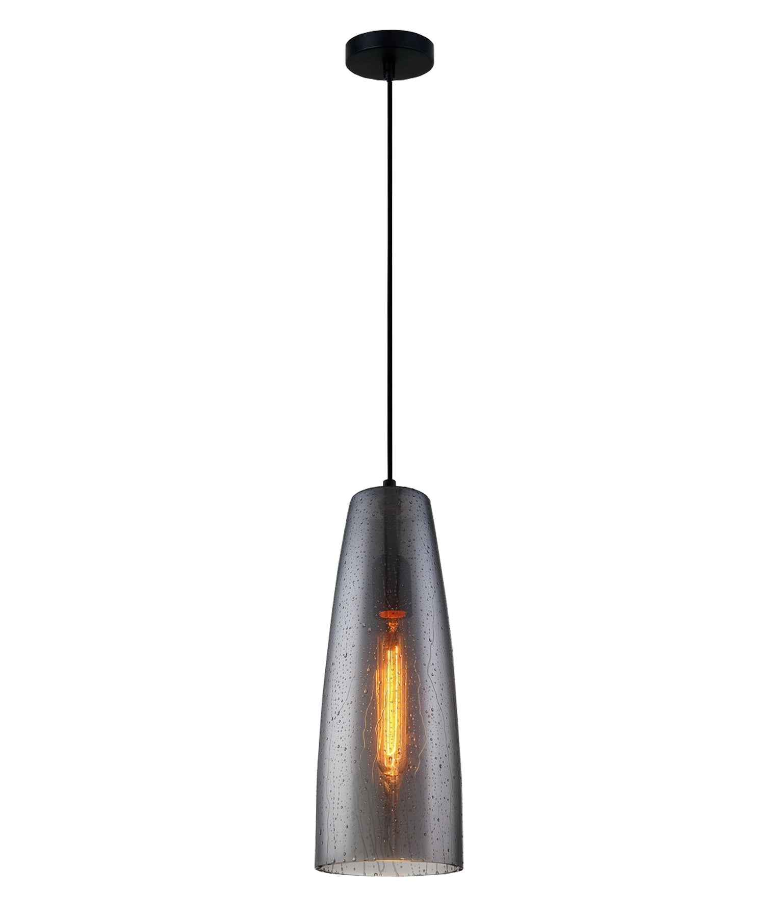 CHUVA: Smokey Black Glass with Rain Drop Effect Long Cone Pendant Light