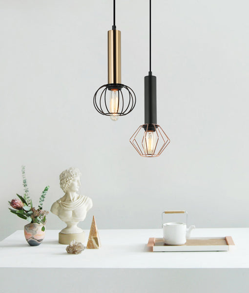 Interior Matte Black and Copper Cage Diamond Pendant Light