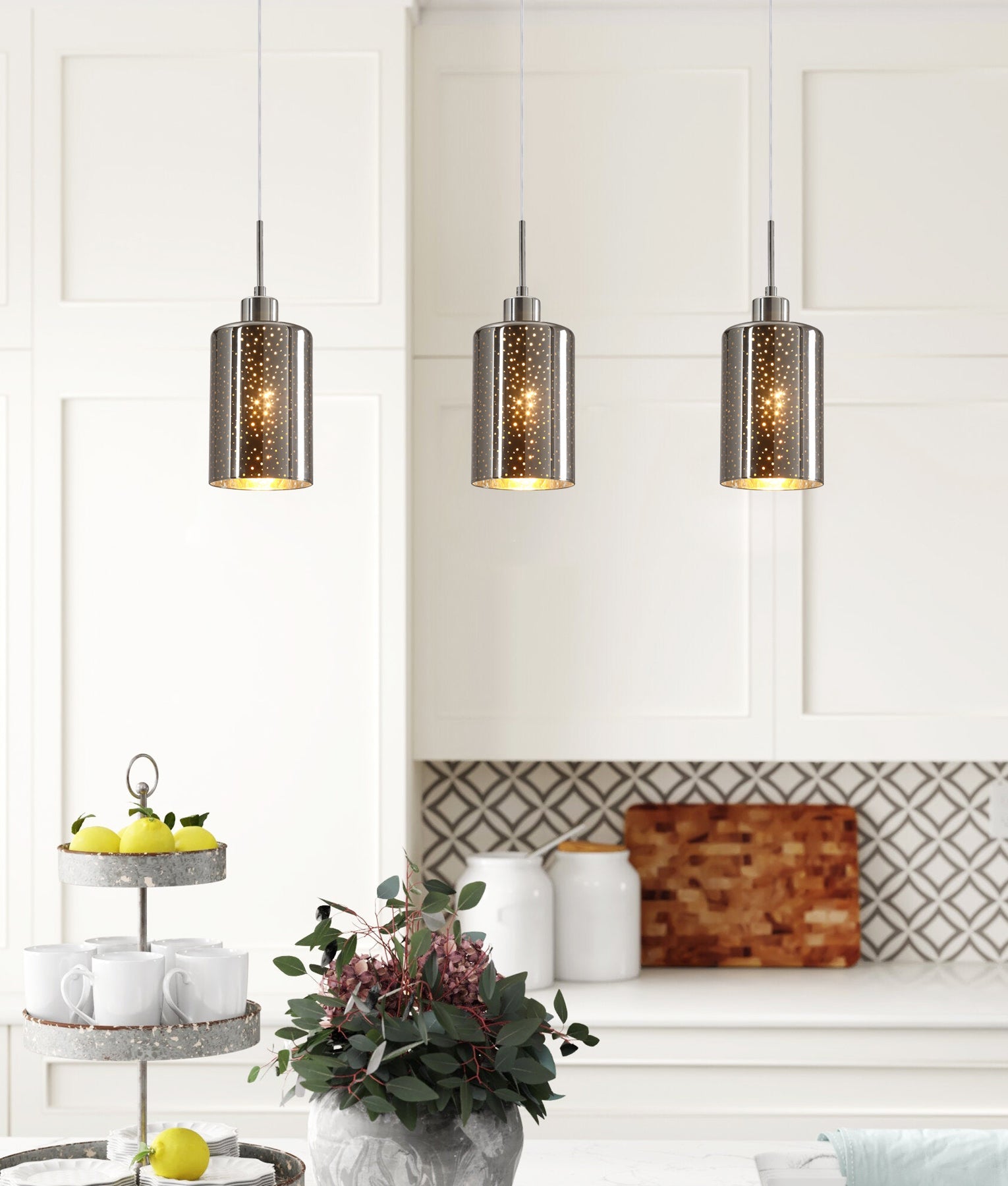 ESPEJO: Interior Iron & Chrome Oblong Glass with Dotted Effect Pendant Lights