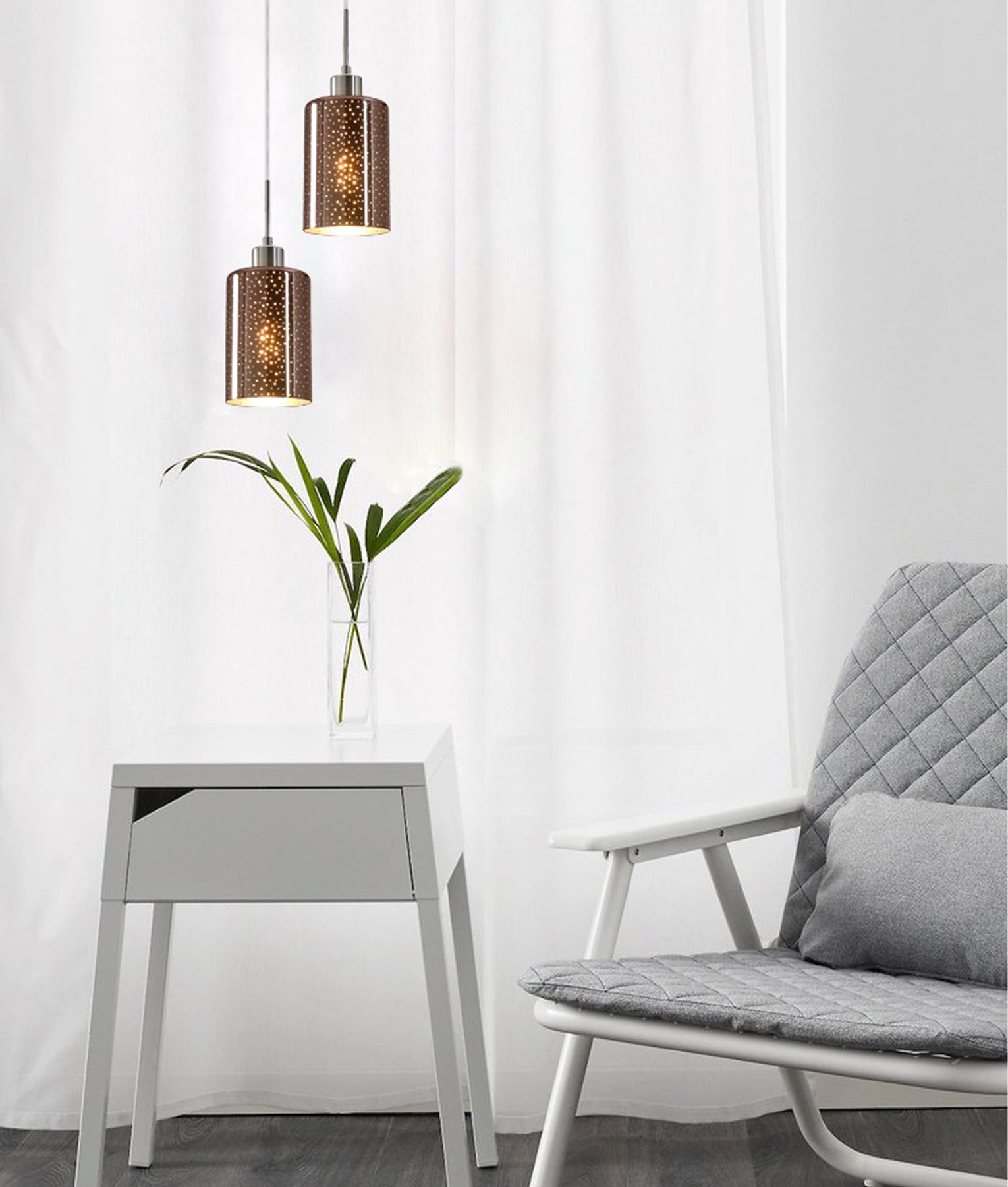 ESPEJO: Interior Iron & Rose Gold Oblong Glass with Dotted Effect Pendant Lights