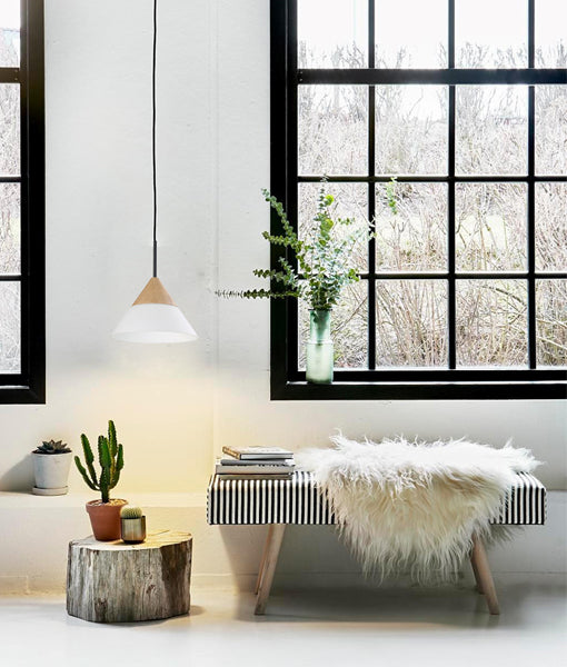 FINN: Scandinavian Blonde Wood & Opal Glass Wide Cone Pendant Light