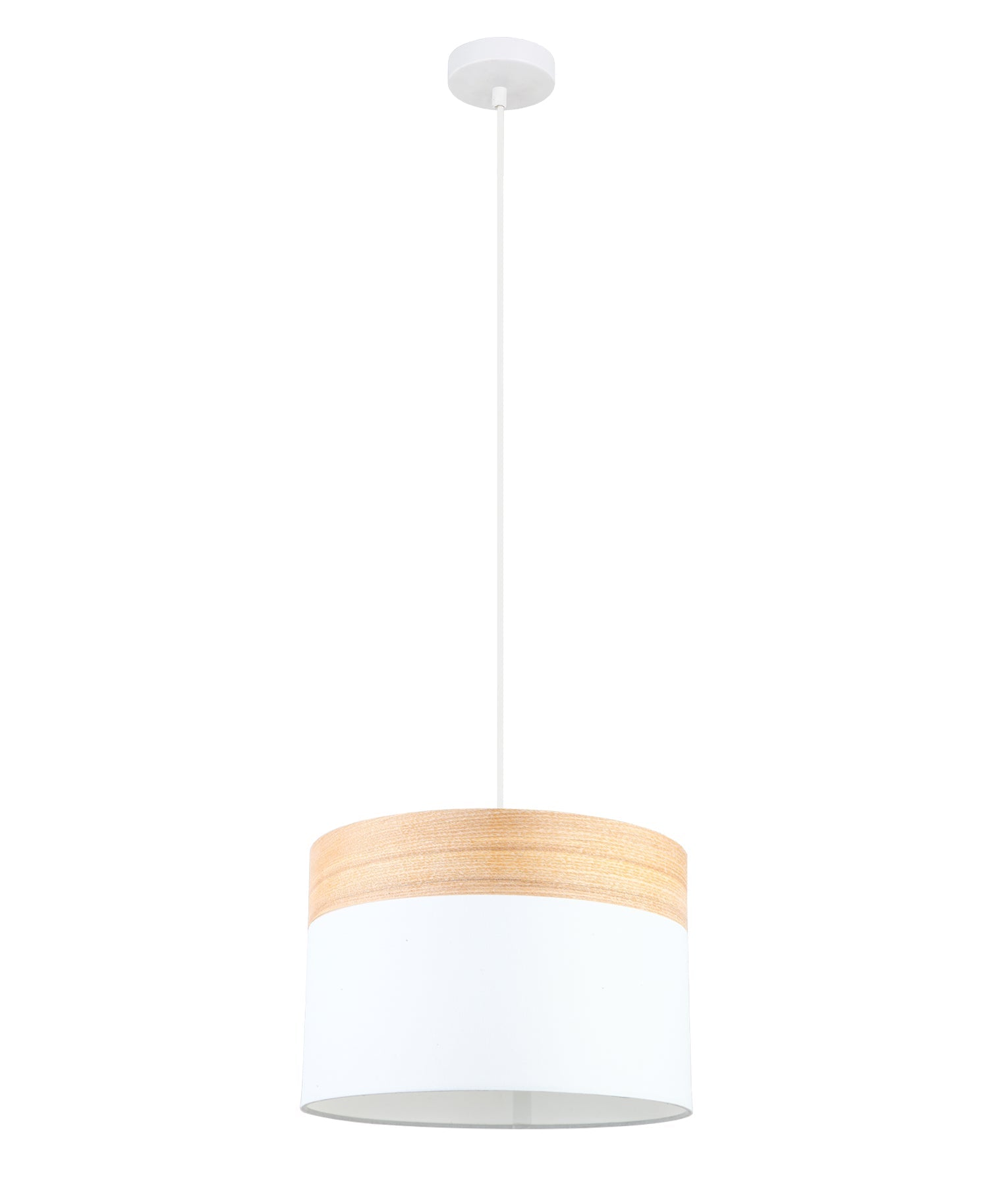 TAMBURA: Scandinavian Medium Drum Cloth Shade with Wood Veneer Trim Pendant Lights