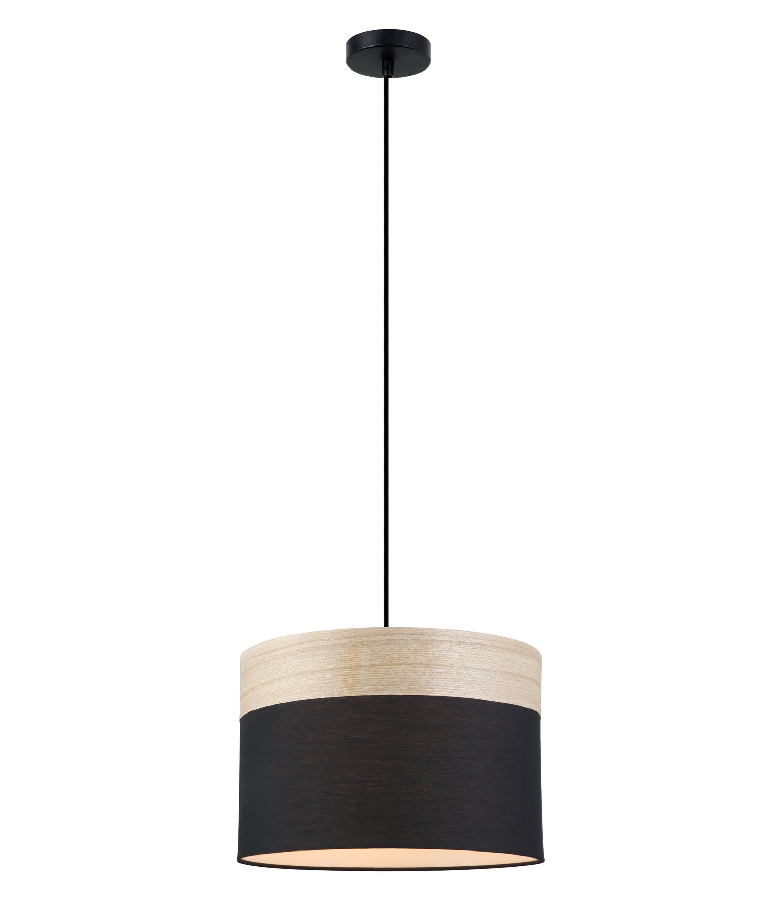 TAMBURA: Scandinavian Medium Drum Cloth Shade with Wood Veneer Trim Pendant Lights