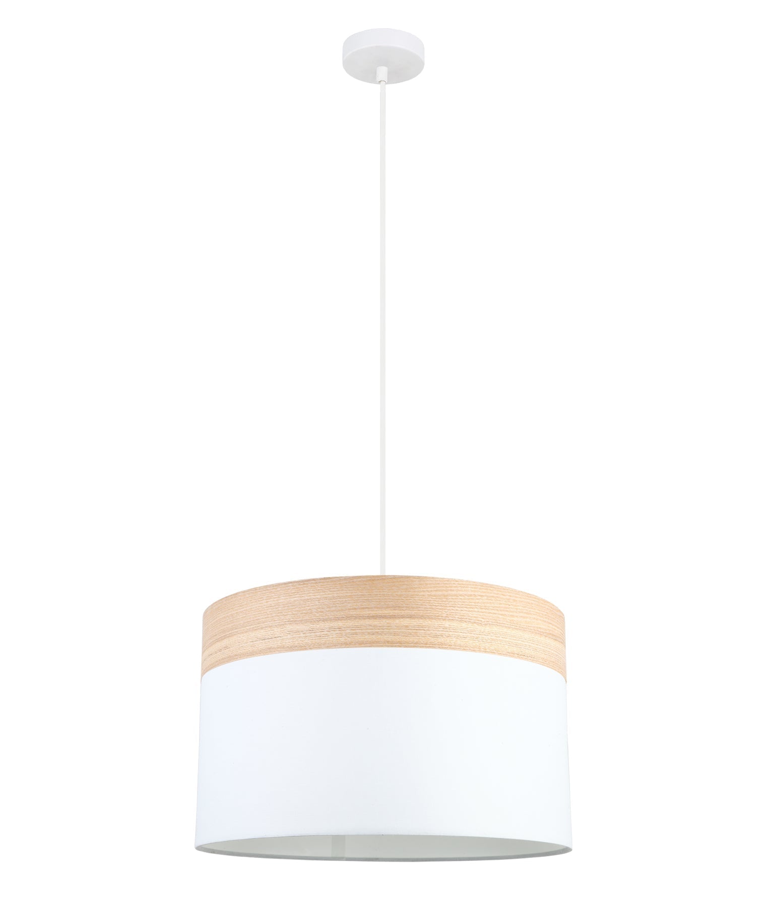 TAMBURA: Scandinavian Large Drum Cloth Shade with Wood Veneer Trim Pendant Lights