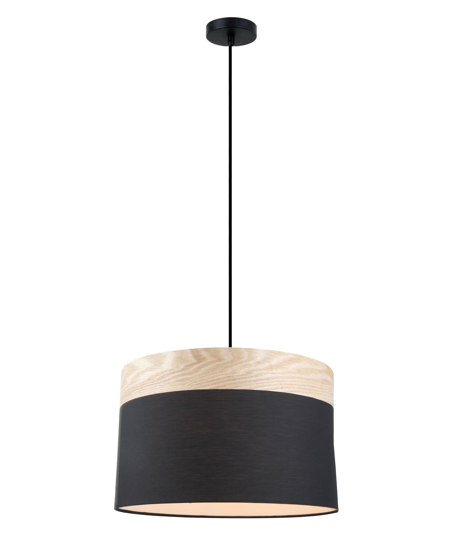 TAMBURA: Scandinavian Large Drum Cloth Shade with Wood Veneer Trim Pendant Lights